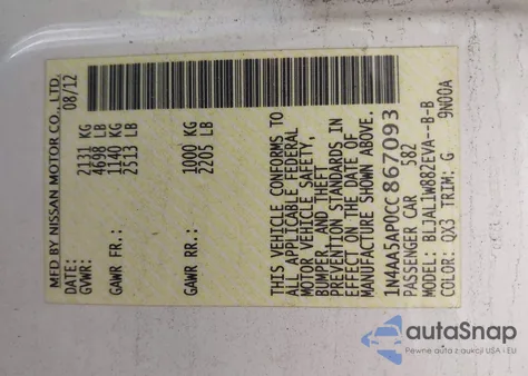 2012 Nissan Maxima 3.5 Sv z USA, uszkodzony, nr VIN 1N4AA5AP0CC867093